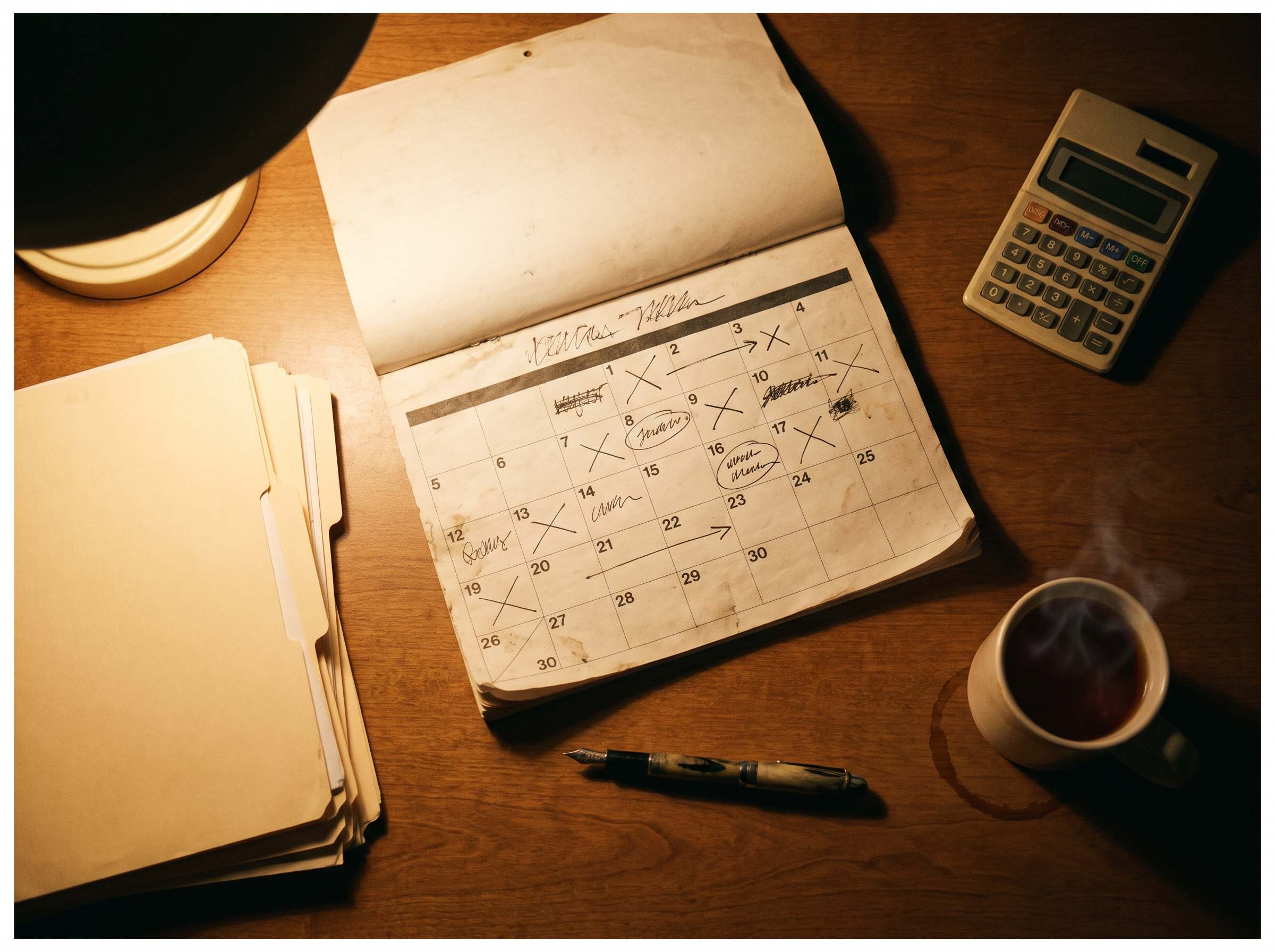 A desk diary, folders and a calculator under warm lamp light.