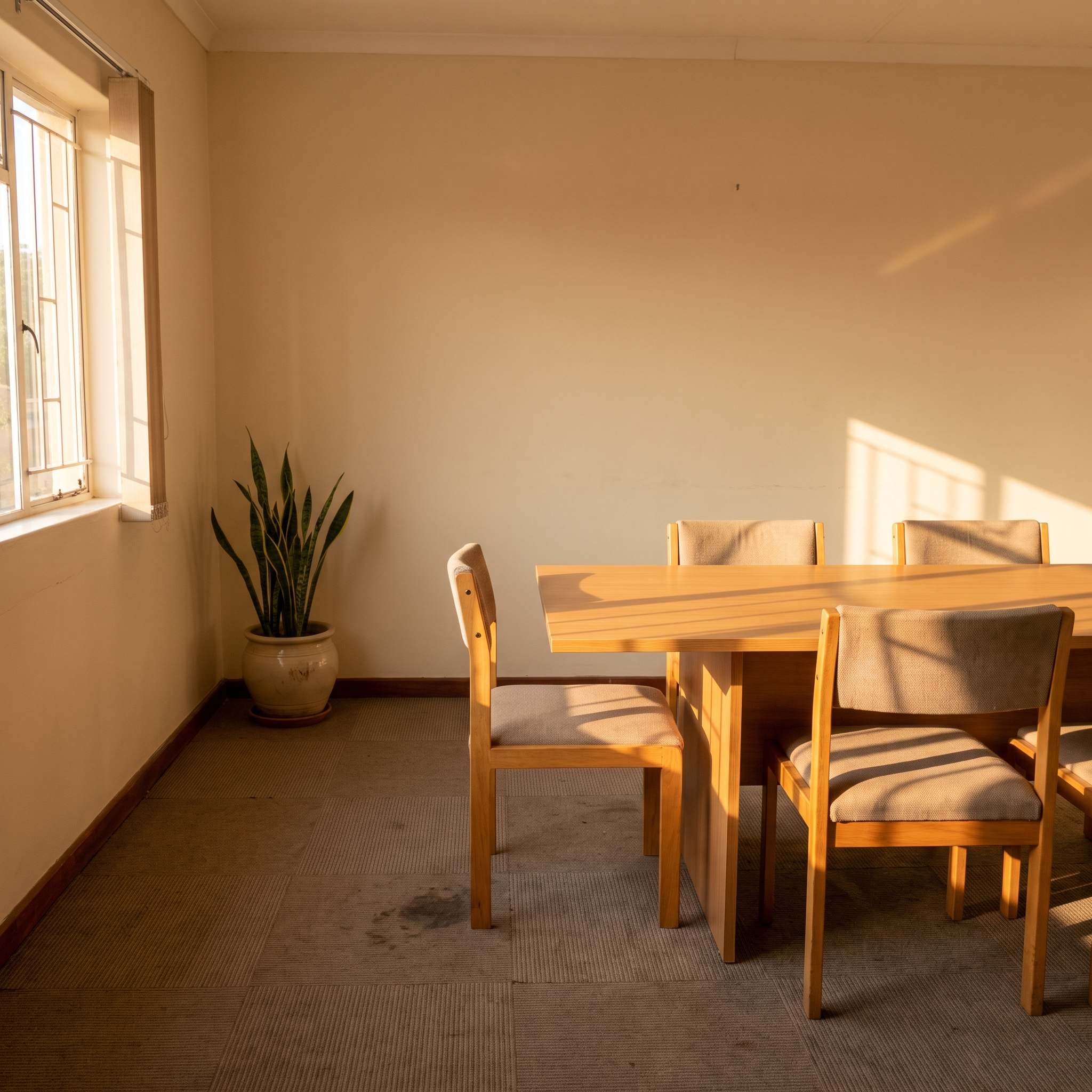 The meeting room at the Longacres office, with afternoon light across the table.