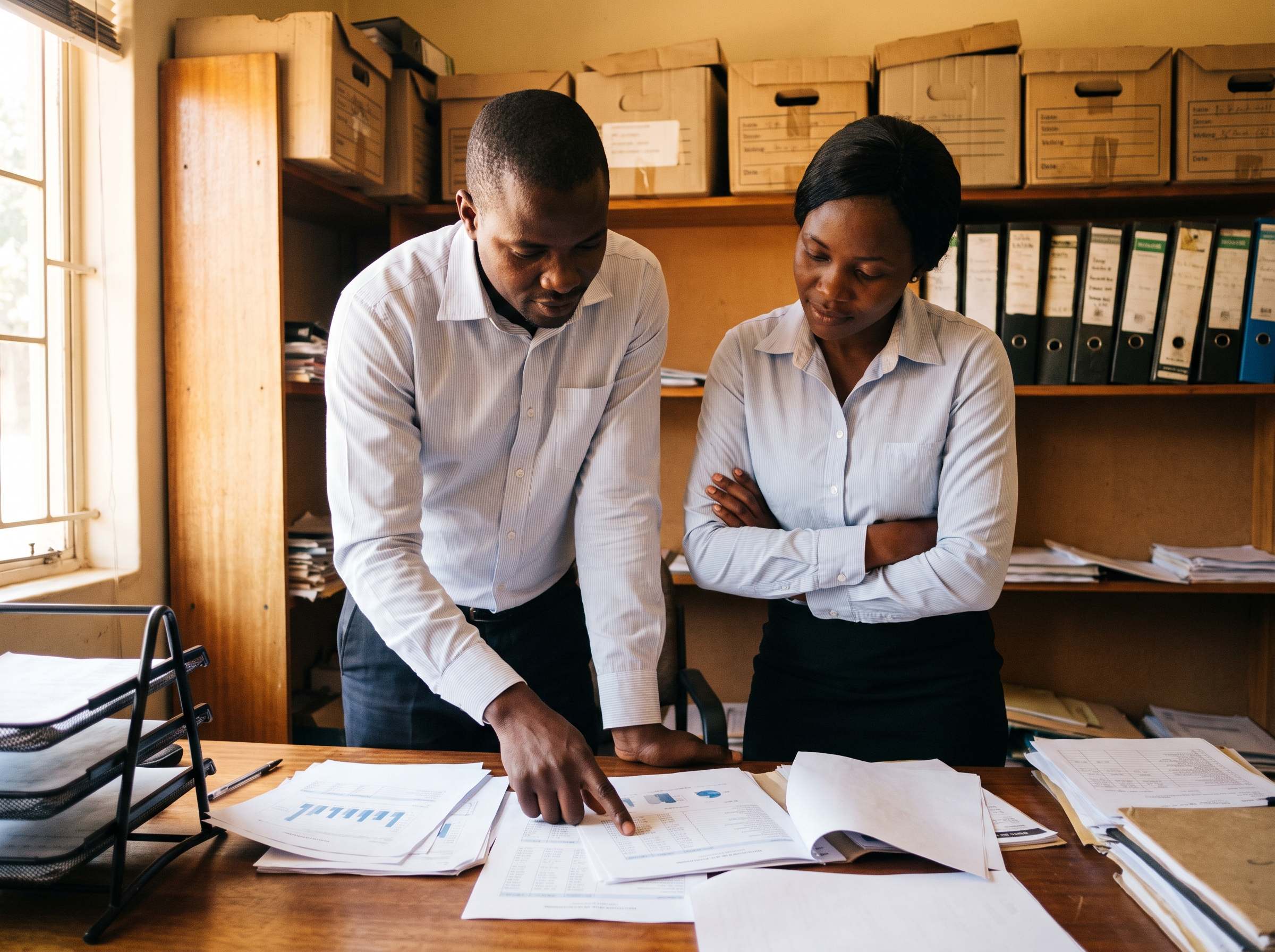 Two accountants going through printed documents together at a desk.